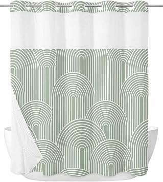 No Hook Shower Curtain with Snap in Liner Set,Boho Sage Green Geometric Line Waterproof Fabric Shower Curtains Vintage Mid Century Double Layer Bath Curtain for Bathroom,72Wx72L