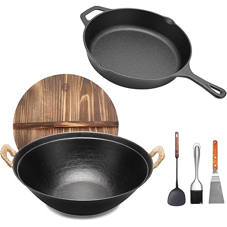 Handmade Traditional Wang Yuan Ji Wok, 14.2" Large Woks with Seasoned 10Inch Non-coating Frying Pan