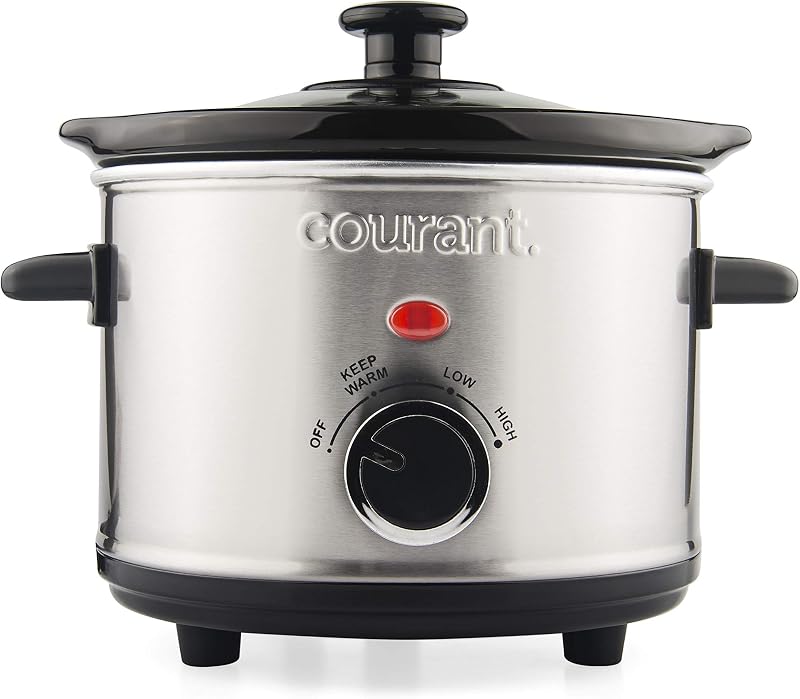 Courant Olla de cocción lenta pequeña de 1.6 cuartos de galón, 3 configuraciones de calor, olla de cerámica extraíble, fácil de limpiar, apta para lavavajillas, mini olla de cocción lenta, acero inoxidable