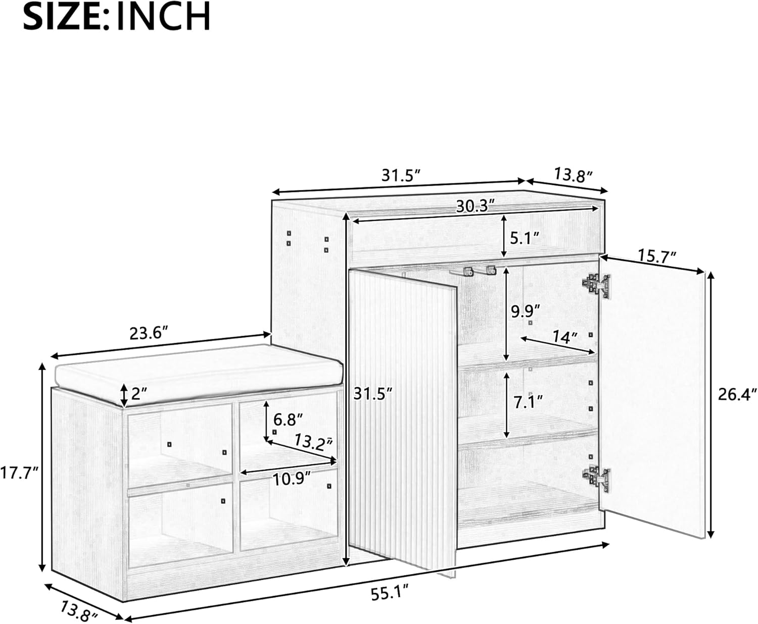 Entryway Shoe Cabinet with Bench,2 Doors and 3-Tier Adjustable Shelves,Living Room Benchs with 4 Open Shoe Racks and Removeble Cushion,Storage Console Table with Wavy Slatted Door and Hooks,Black