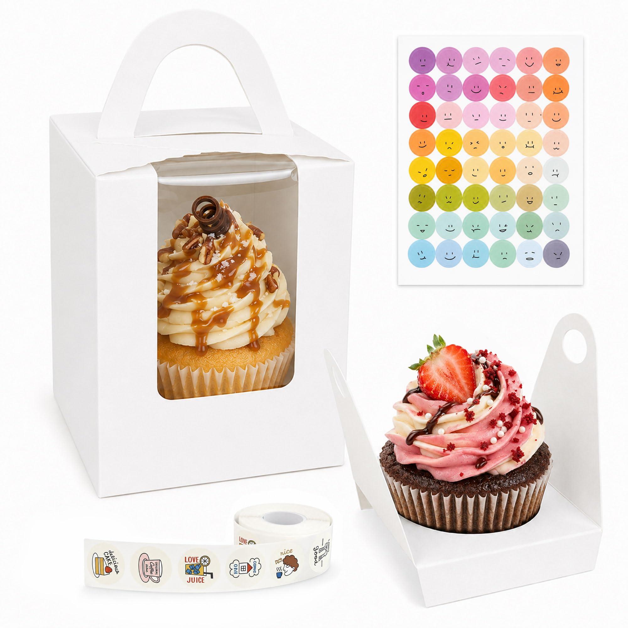 50PCS Cupcake Boxes Individual with Window, Food Grade Bakery Boxes, White