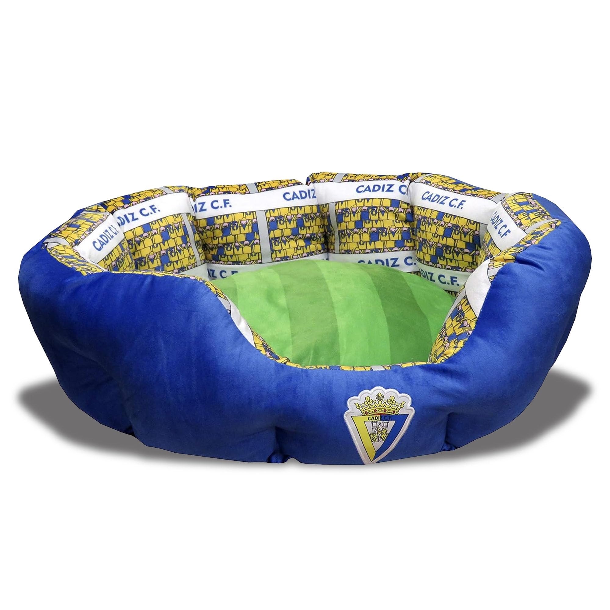 CÁDIZ CF - Cama para Mascotas, Perros, Gatos, Conejos, Talla S/M, Variedad de Tamaños Disponibles, Forma de Estadio, Cojín Independiente, Producto Oficial (CyP Brands)