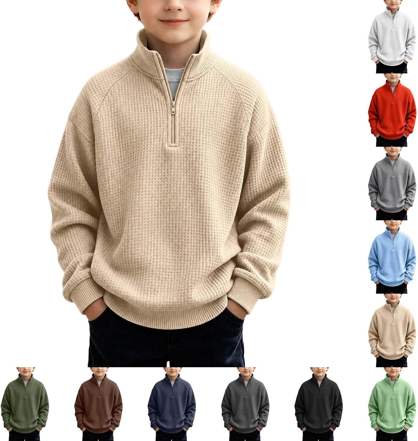 Boys Waffle Knit Quarter Zip Sweatshirts Long Sleeve Turtleneck Tops