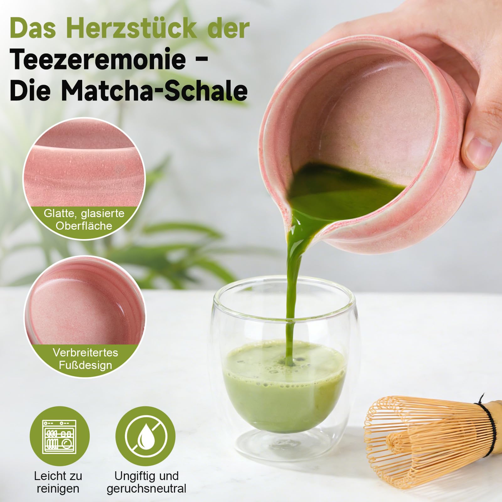 Voarge Zestaw 8 sztuk do matchy, ceramiczna miska (Chawan) z dzióbkiem i miotłą bambusową, japoński zestaw do matchy dla miłośników matchy, gradient różowy