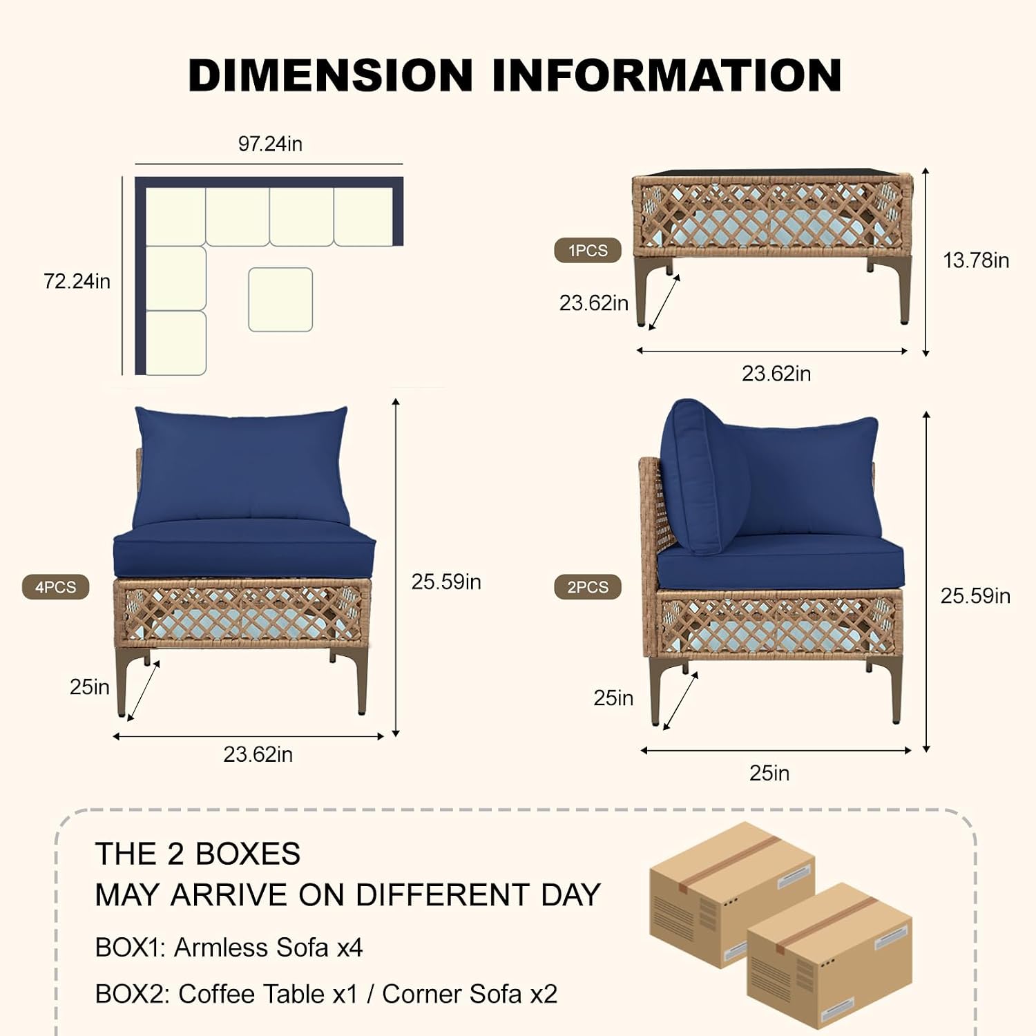 Loungewave 7 Pieces Patio Furniture Set, Outdoor Wicker Sectional Sofa with Coffee Table and Washable Cushions, Sectional Outdoor Couch for Backyard, Garden and Porch, Navy Blue