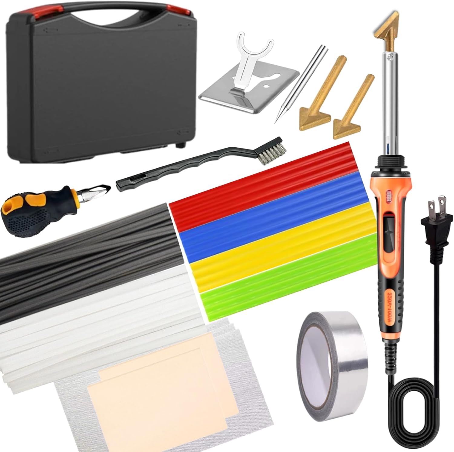 Plastic Welder - 110V-100W Plastic Welding Kit With 140Plastic Rods, 3 Tips, 3 Wire Mesh, 2 Sandpaper, 1 Aluminum Foil Tape, 1 Stand, 1 Metal Brush, 1 Screwdriver for Bumper Kayak Repair