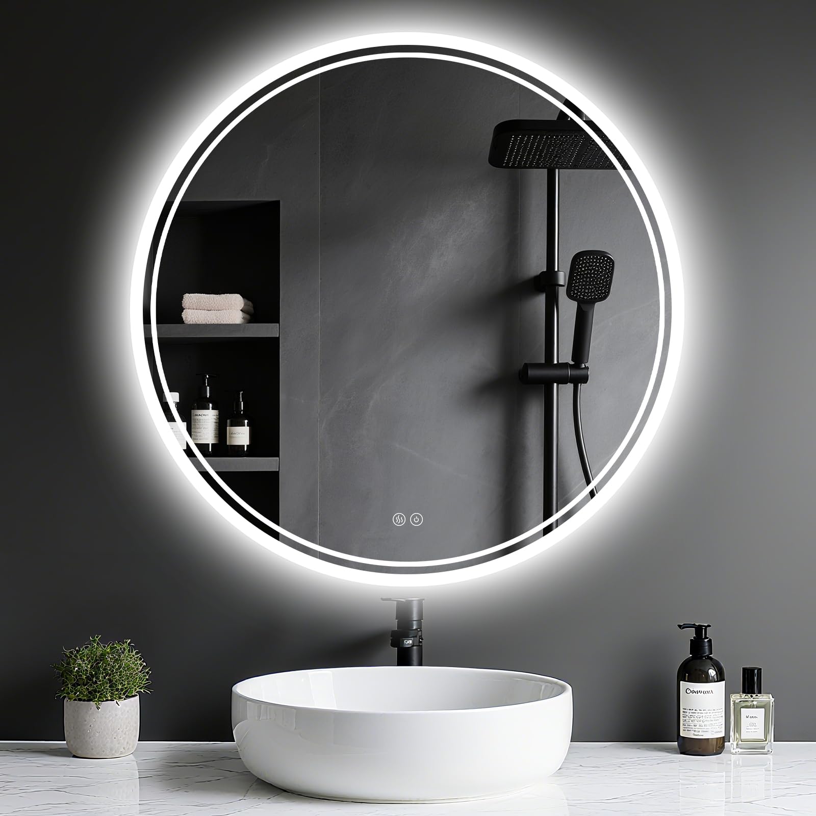 Archaluxe Badspiegel mit Beleuchtung Badezimmer Spiegel LED mit Touch-Schalter,Dimmbar,3 Lichtfarben Badezimmerspiegel Wandspiegel Spiegel Rund