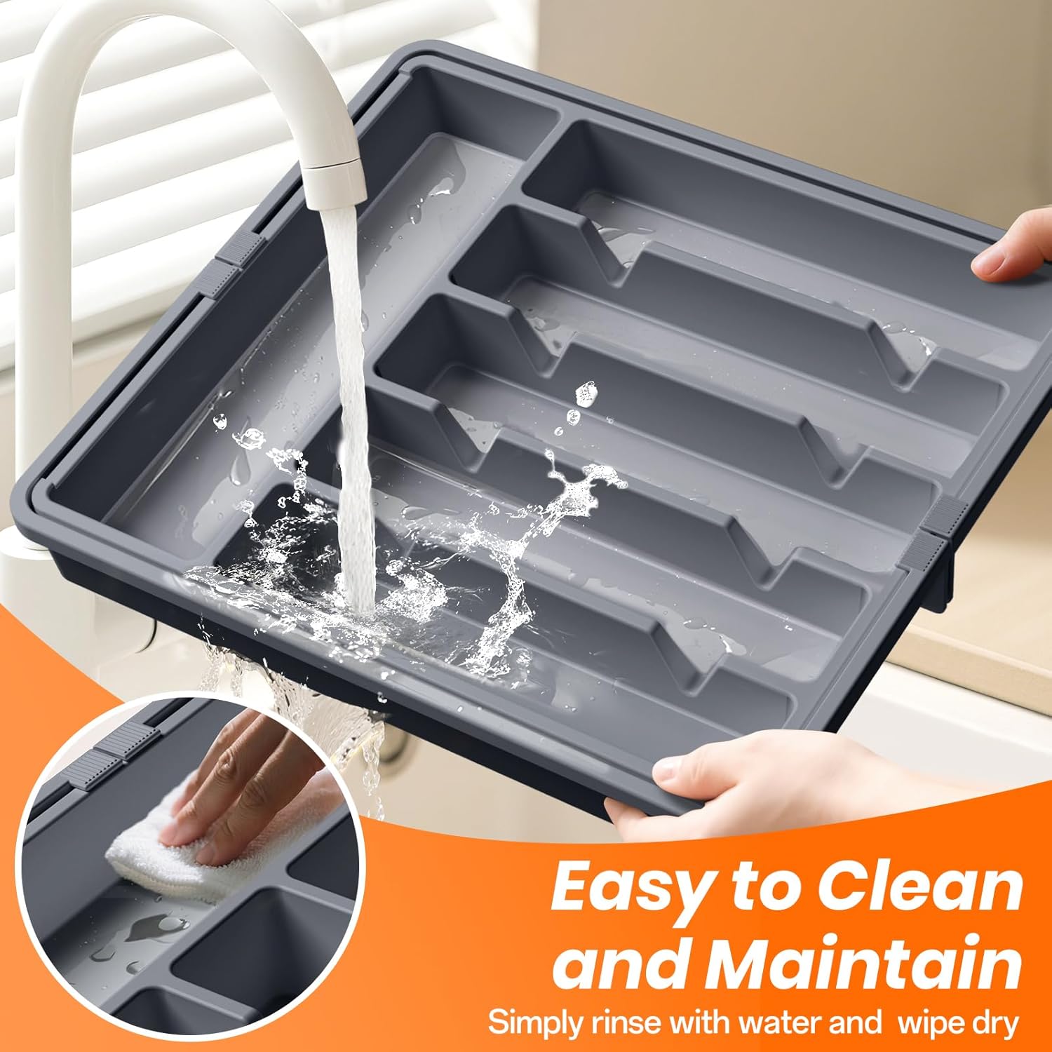 RoomHacks Large Silverware Organizer,Expandable Utensil Drawer Organizer,BPA Free Utensil Holder,Adjustable Silverware Tray Cutlery Drawer Organizer for Kitchen Flatware,Large,Grey,2 Pack