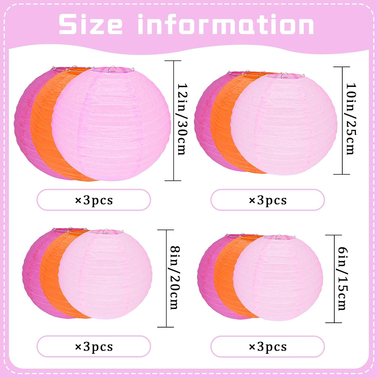 Peywot 12Pcs Round Paper Lanterns Assorted Sizes (6" 8" 10" 12") for Home Decor, Restaurant, Church, Wedding, Birthday Party Decorations, Hanging Chinese Japanese Paper Lantern Lamps (3 Colors)