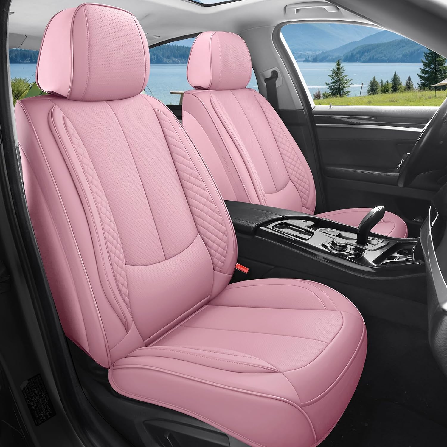 Car Seat Covers Full Set, Luxury Faux Leather Car Seat Covers Waterproof Non-Slip Seat Protector Universal Fit for Most Cars SUVs Trucks Pick-ups,Car Accessories Interior for Women (Pink-Full Set)