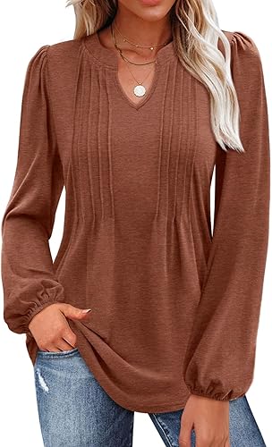 MIHOLL Camiseta de manga larga abombada con cuello en V para mujer, plisada, casual, holgada, blusa tipo túnica