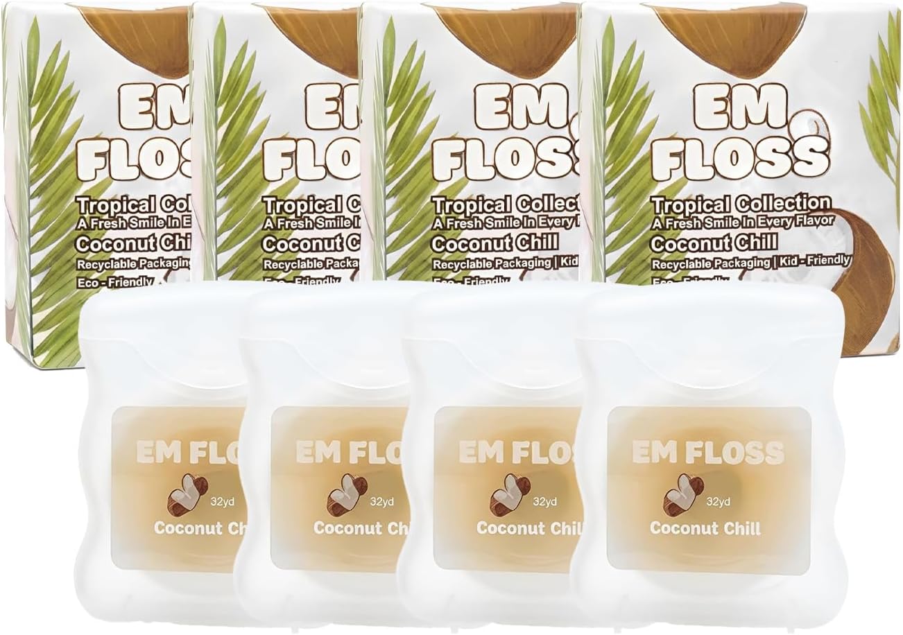 Waxed Expanding Dental Floss, Family Value Pack (4 Pack), Coconut Oil Infused, Smooth Glide for Sensitive Gums, Strong & Shred Resistant, for Adults & Kids, Coconut Chill