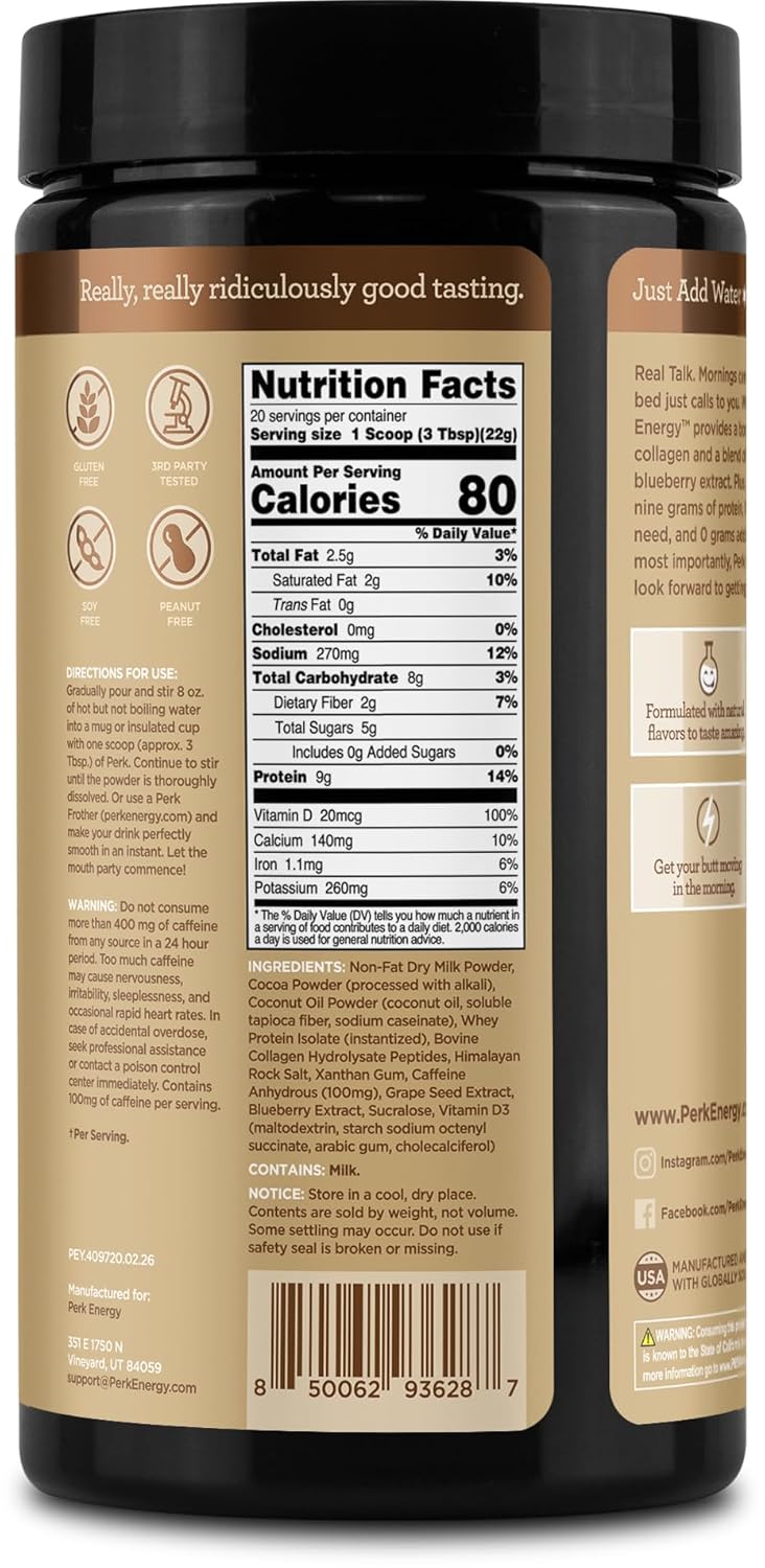 Perk Energy Drink Mix (Dutch Hot Cocoa) 20 Servings - Caffeinated Healthy Coffee Alternative with Protein, 100mg of Caffeine, Gluten-Free, Soy-Free, Peanut-Free