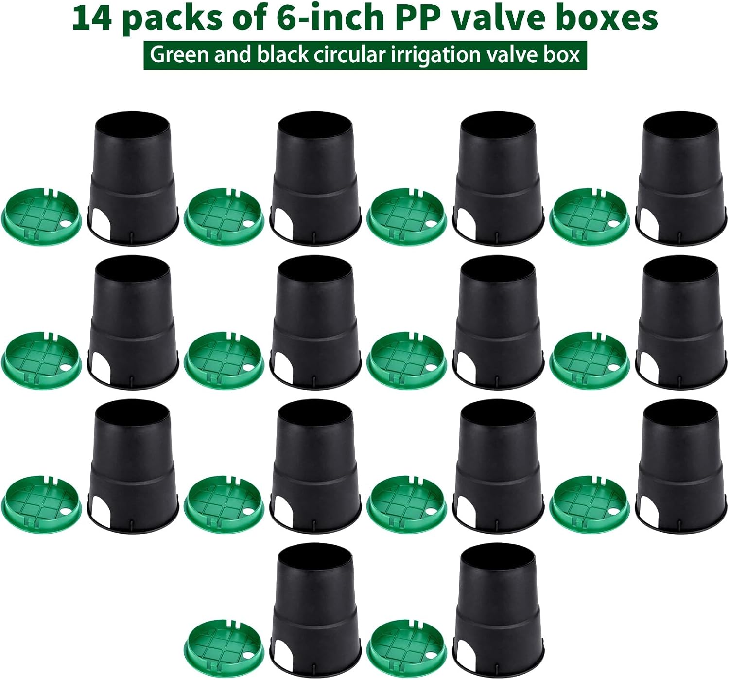 14 Sets PP Valve Boxes 6 in Anti Slip Sprinkler Valve Box Plastic Round Green and Black Irrigation Water Meter Box for Outdoor Yard Garden Farm Lawn Grassland Ground