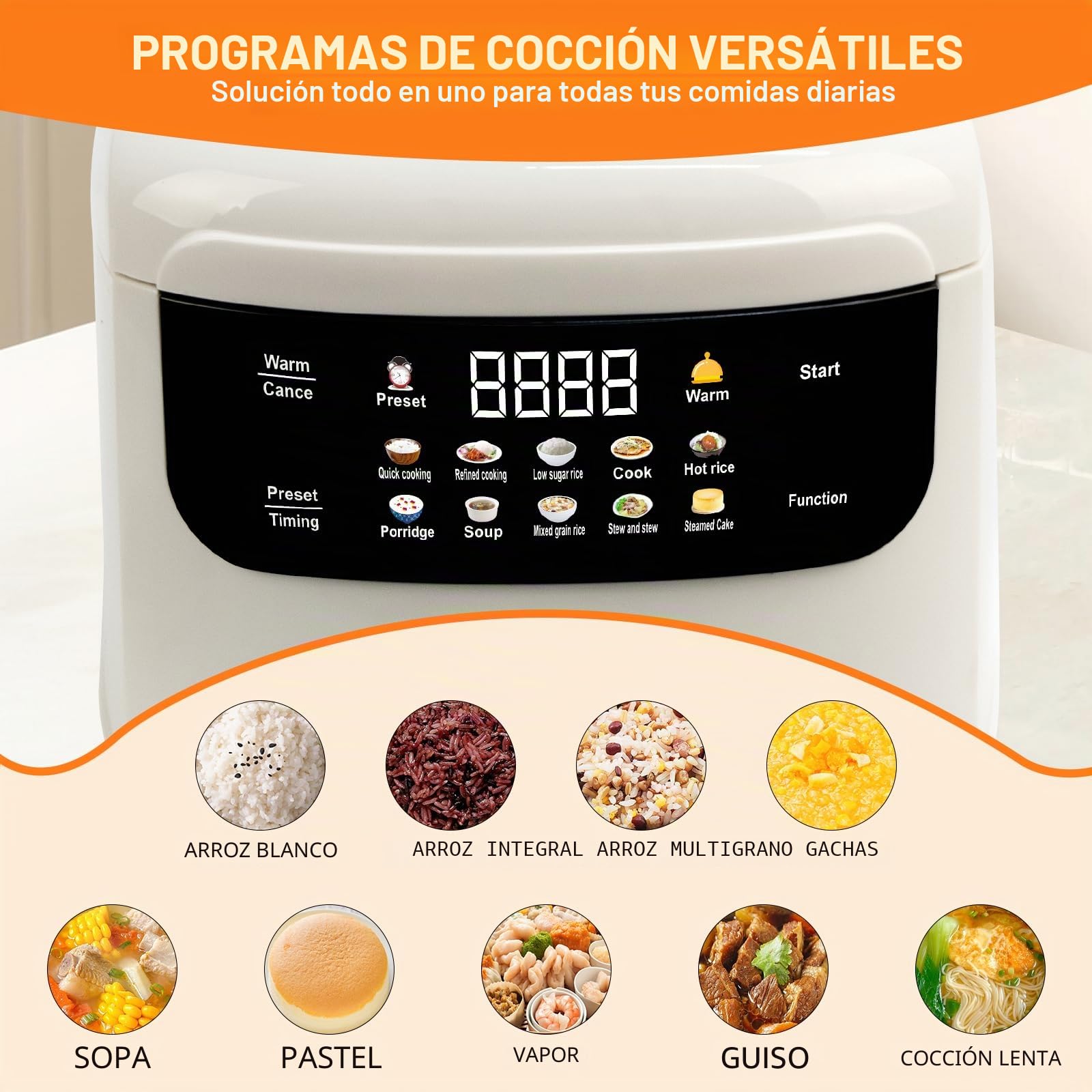 Arrocera Low Sugar 2L, arrocera 10 en 1 con vaporera y temporizador | Con función baja en carbohidratos, mantener caliente 8 h y temporizador 24 h, fácil de limpiar para uso diario