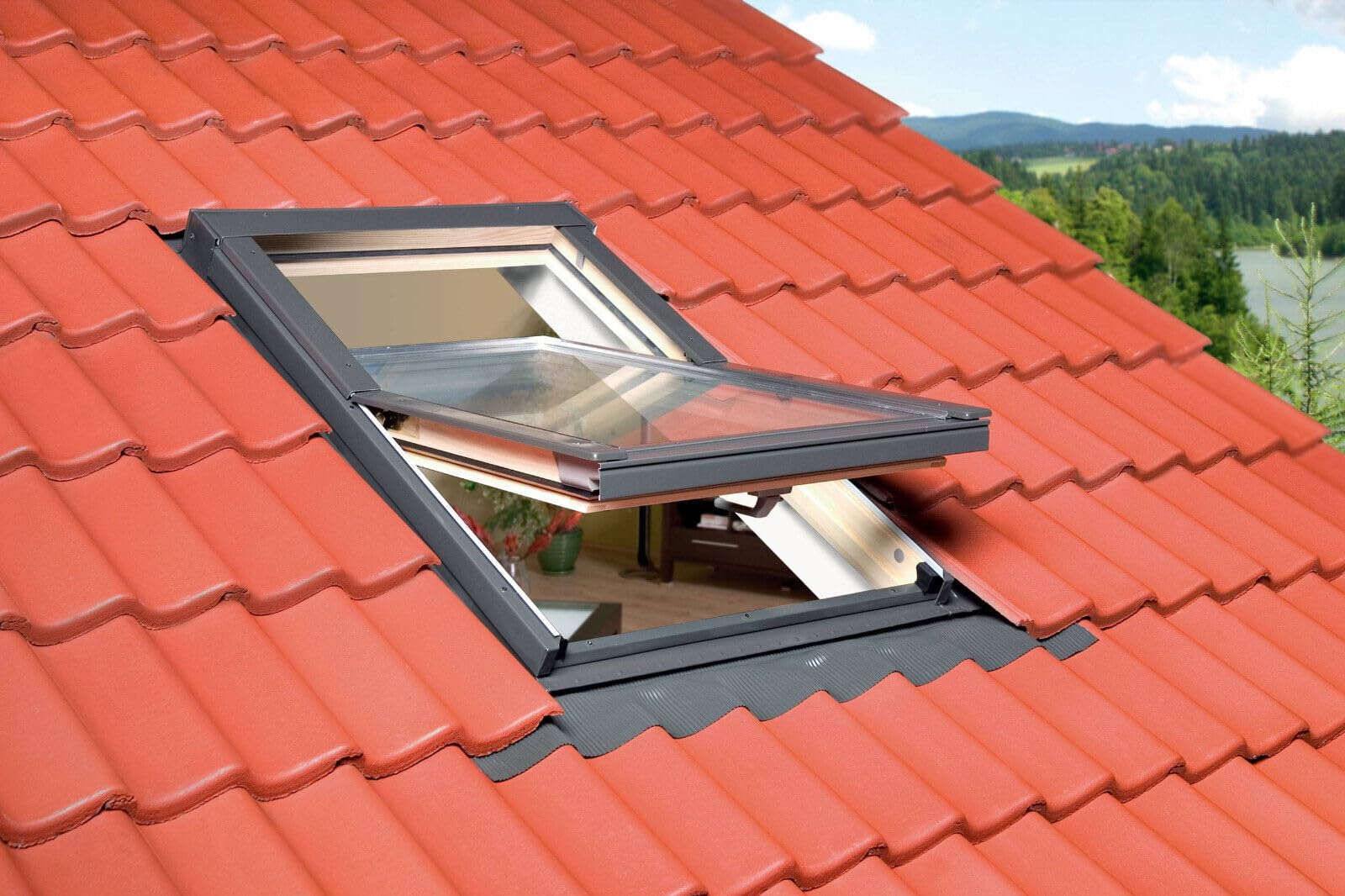 Kit Fenêtre de Toit compatible Groupe FAKRO | Fenêtre de toit bois 114 x 118 cm | Fenêtre pivotante triple vitrage, économe en énergie | Raccord tuiles jusqu’à 45 mm + Kit isolation