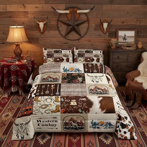 Western Bedding Set Queen Size Brown Cow Fur Patchwork Grid Comforter Set Horse 