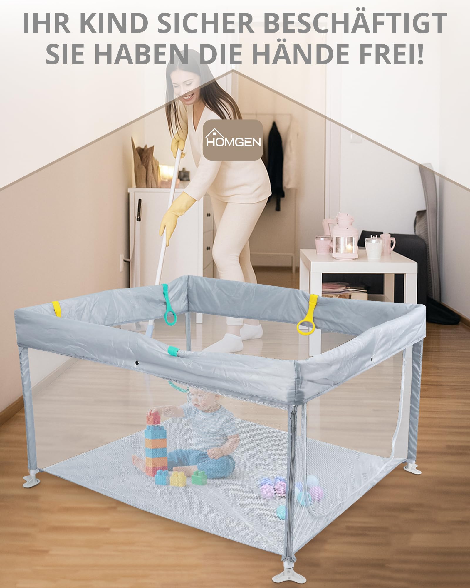 HOMGEN Laufstall Baby 120x120cm Laufgitter Faltbar Klappbares Spielgitter Tragbar Playpen Kinderlaufstall mit Abnehmbarem & Waschbarem Stoff Tasche & Spielzeug 10 Bälle 4 Griffe Für Innen/Außen