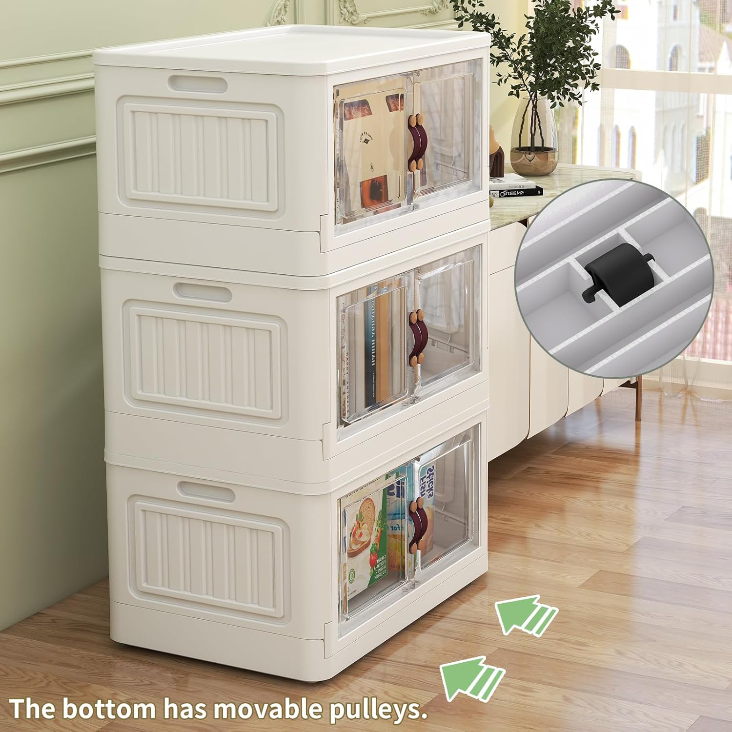 Collapsible Storage Bins with Lids, Leather Handles 92Qt Large 5 Packs Stackable Storage Bin with Lids, Foldable Storage Cabinet for Home, Office, Dorms