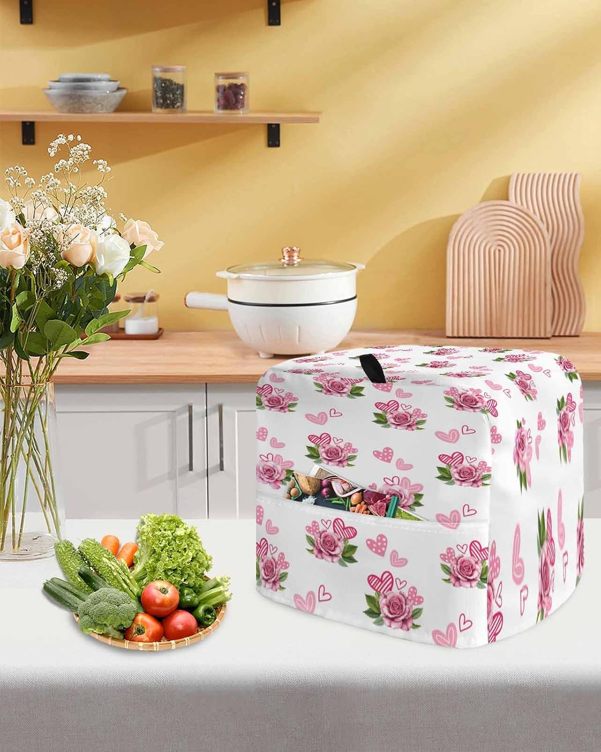 Pink Roses Stand Mixer Cover with Storage Pocket, Waterproof Kitchen Mixer Covers, Valentine's Day Flowers Love White Romantic Kitchen Appliance Dust Cover Compatible with 5-8 Quart Mixers