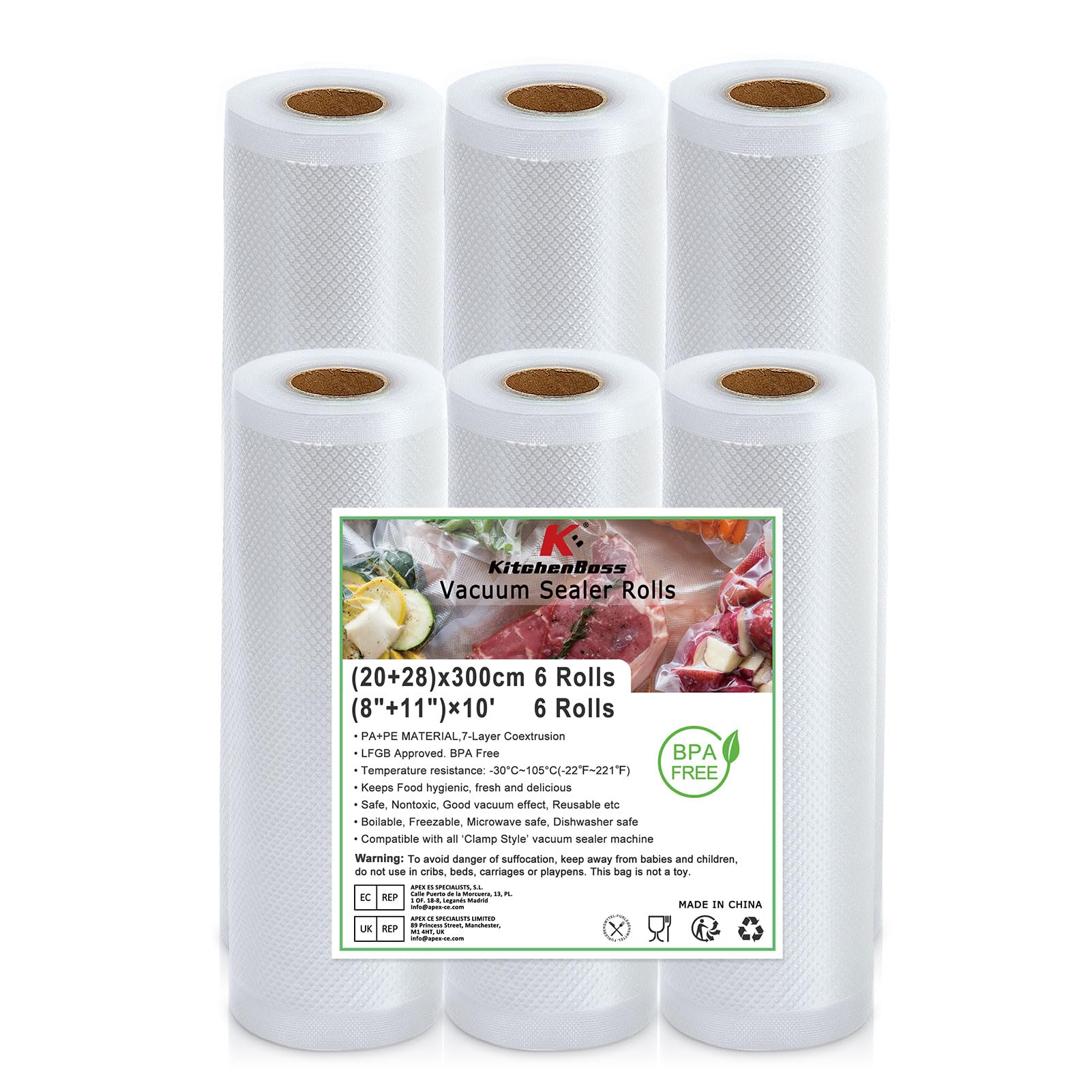 KitchenBoss Worki Próżniowe do Pakowania Próżniowego, 6 Rolki 20/28 X 300 Cm, Folia Próżniowa Do Zgrzewarki Próżniowej I Gotowania Sous Vide, Nie Zawiera BPA, Odporne Na Rozdarcie