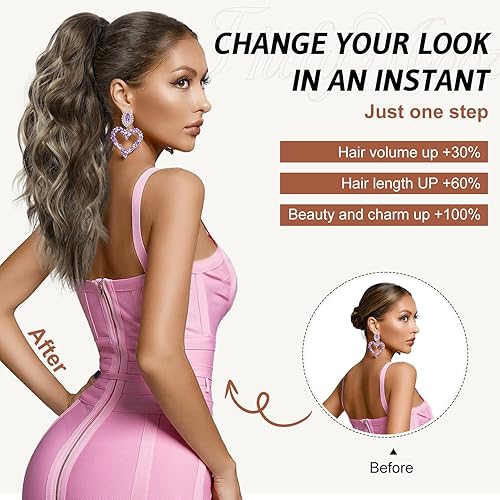 Miniatura 5 de Flufymooz Extensión de cola de caballo, extensión de cola de caballo con clip de garra de 18 pulgadas, cabello ondulado y rizado con clip, cola de