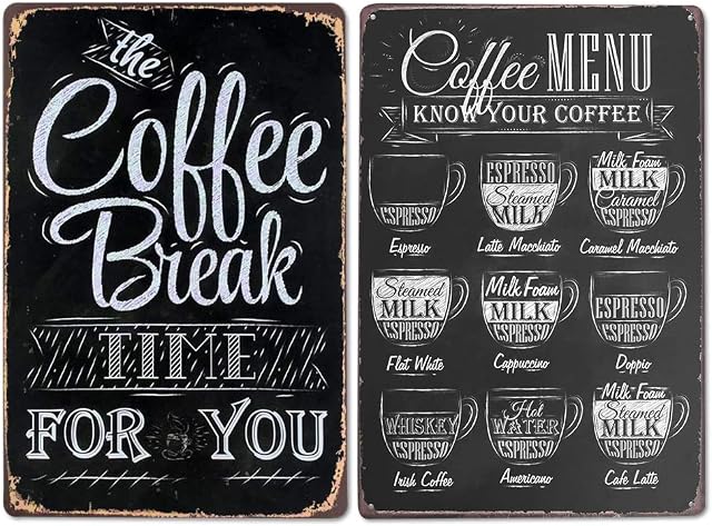 LZYMSZ 2PC Vintage Metal Tin Wall Sign Plague Poster for Cafe Bar Pub Coffee, Coffee Break Time for You, Coffee Menu Tin Sign, 20x30cm