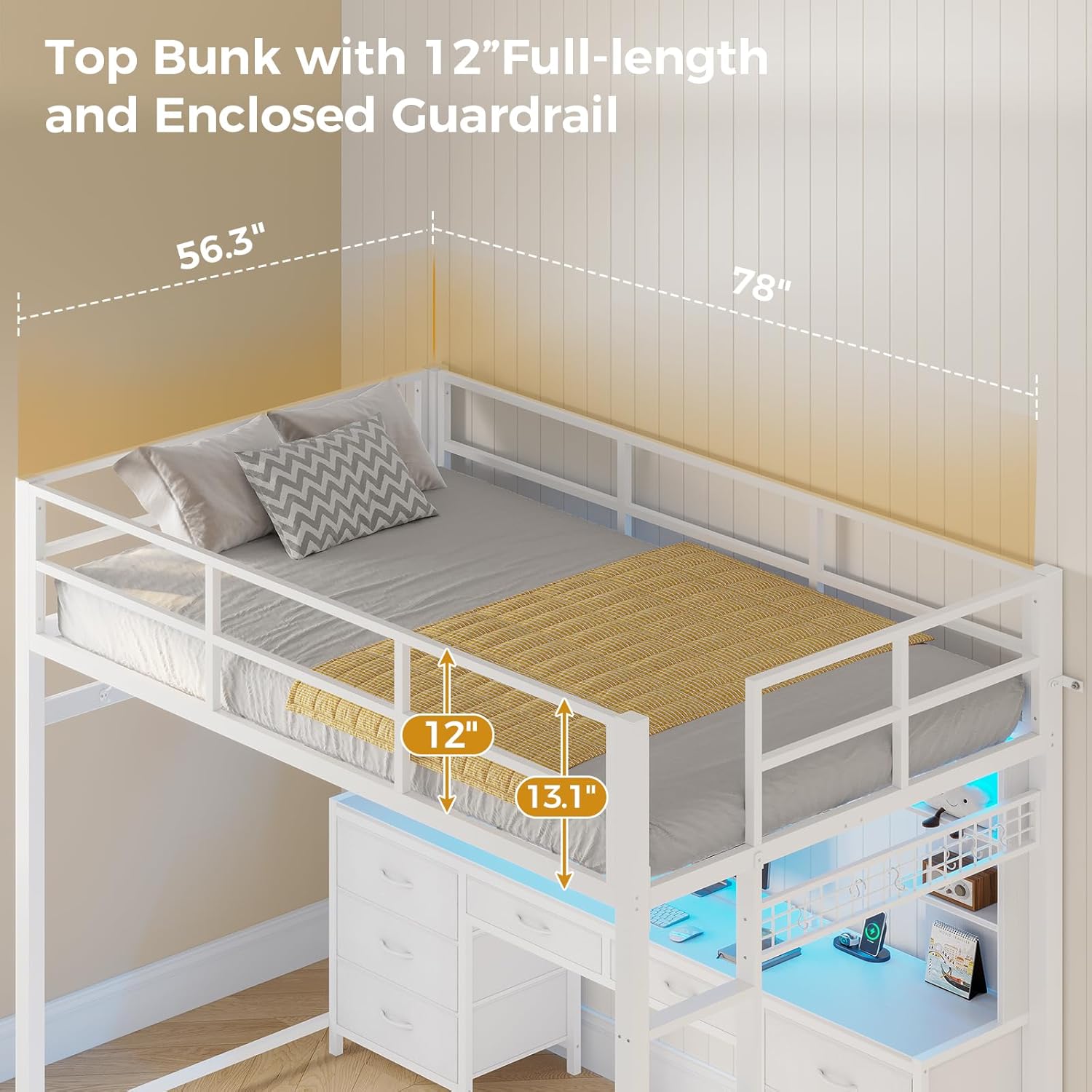 ADORNEVE Full Size Loft Bed with Desk and 8 Storage Drawers, Metal Loft Beds Full with LED Lights & Charging Sation, Heavy Duty Loft Bed Frame with 6 Storage Shelves, Space-Saving, Noise Free,White