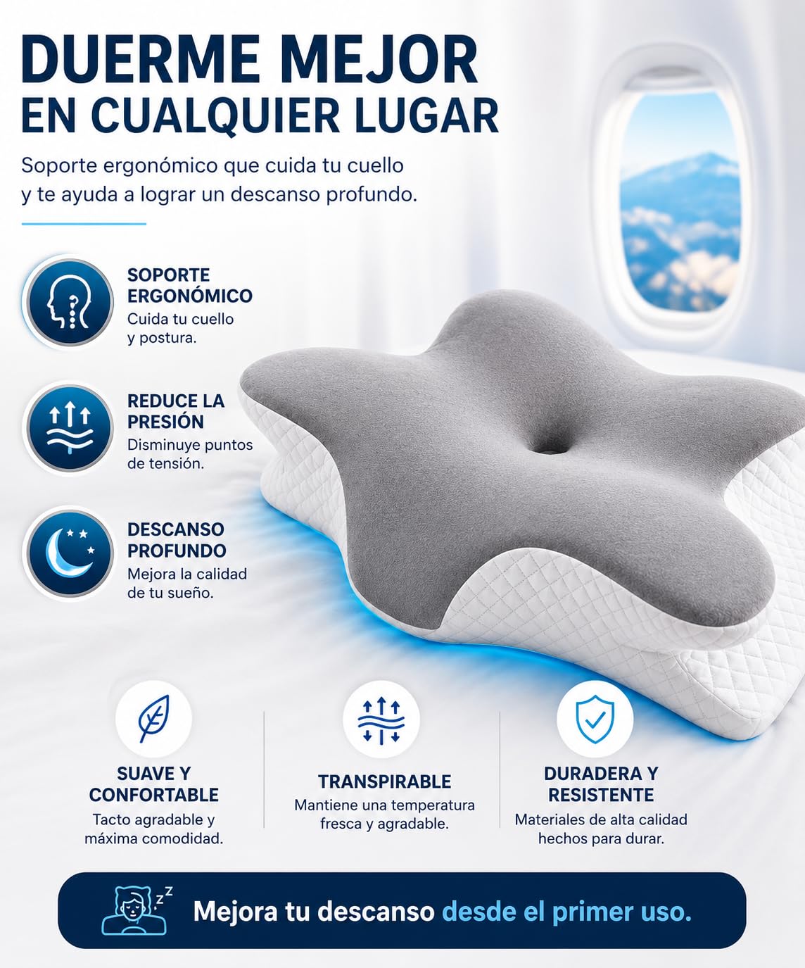 Almohada Japonesa para Dormir, Almohada Cervicales y Cuello Viscoelástica, Mariposa Memory Foam Ergonómica para Cuello y Nuca, con Bolsa y Antifaz