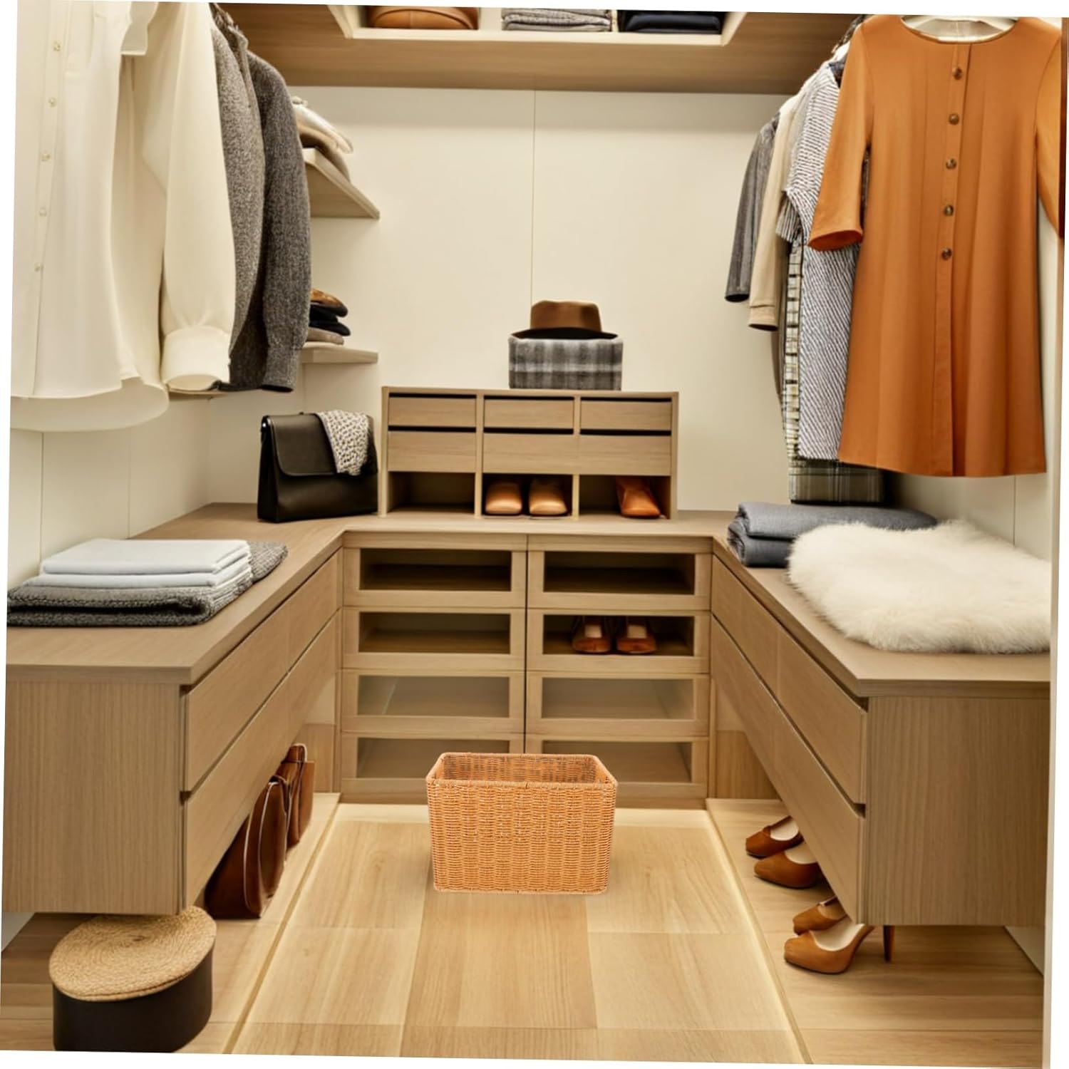 Faux Rattan Organizer Bin for Kitchen Bathroom Bedroom Versatile Storage with Smooth Edges for Effortless Organization and Natural Aesthetic Appeal
