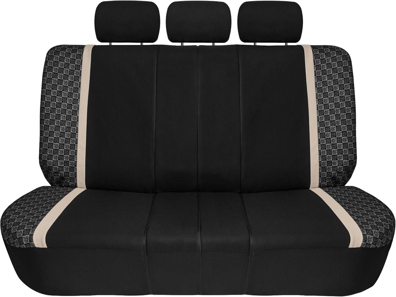We Are Young Life is Fun™ Checker Car Seat Covers Universal Fit Interior Accessories Full Set Beige Seat Cover Combo Steering Wheel Cover and Seat Belt Pads, Airbag and Split Rear Car Seat Covers