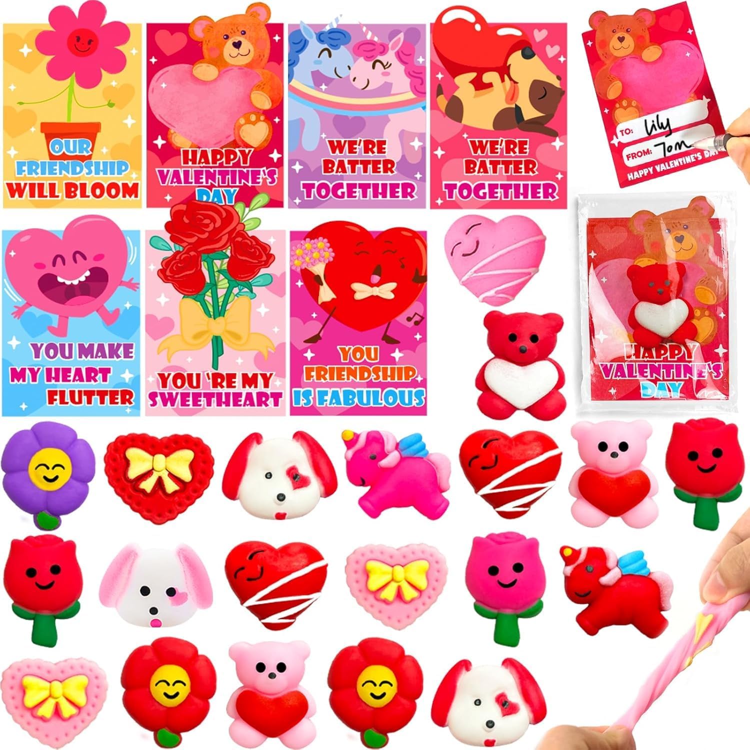 28 Pack Valentines Day Gifts for Kids Classroom School , Mochi Squishy with Valentines Day Cards , Kawaii Squeeze Stress Relief Fidget Toys Valentines Party Favors Exchange Prizes Toddlers Boys Girls
