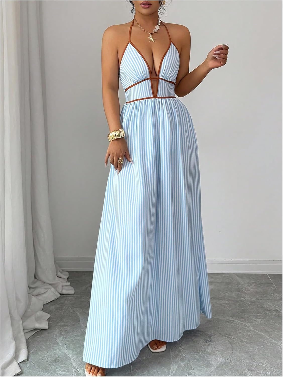 Floerns Women's Striped Halter Maxi Dress Backless Smocked Beach Vacation Boho Dress