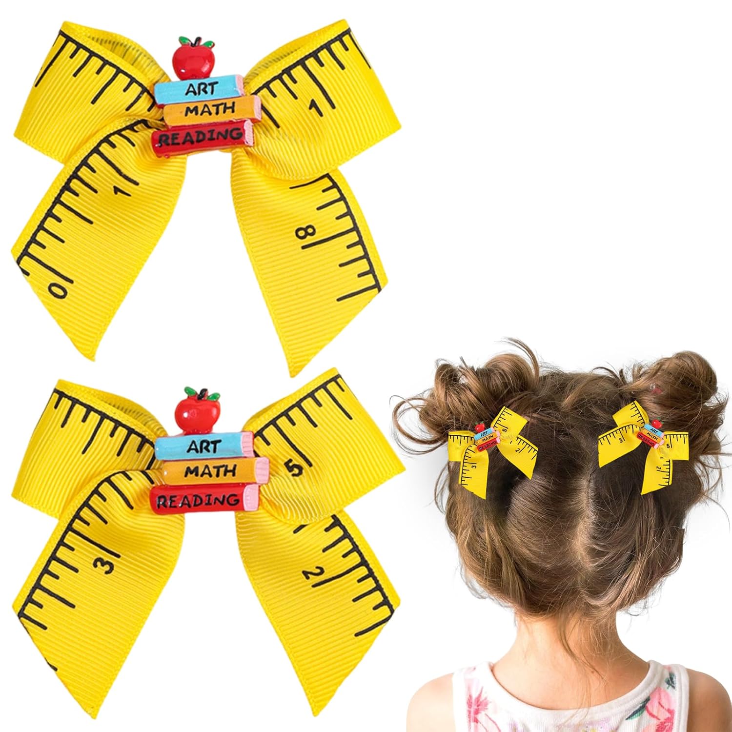 QDTK Back to School Hair Bows for Girls Ruler Apple Books Hair Clips Yellow Bows Alligator Clips Cute First Day of School Hair Accessories for Kindergarten 1st 2nd 3rd 4th 5th Grade