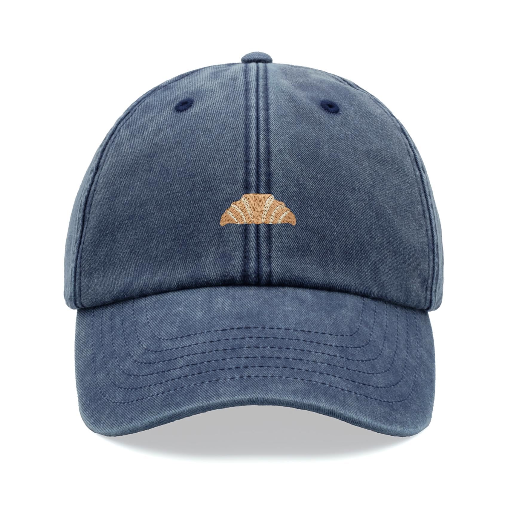Croissant Baseball Cap Vintage Washed Unisex Dad Hat Adjustable Blue Denim