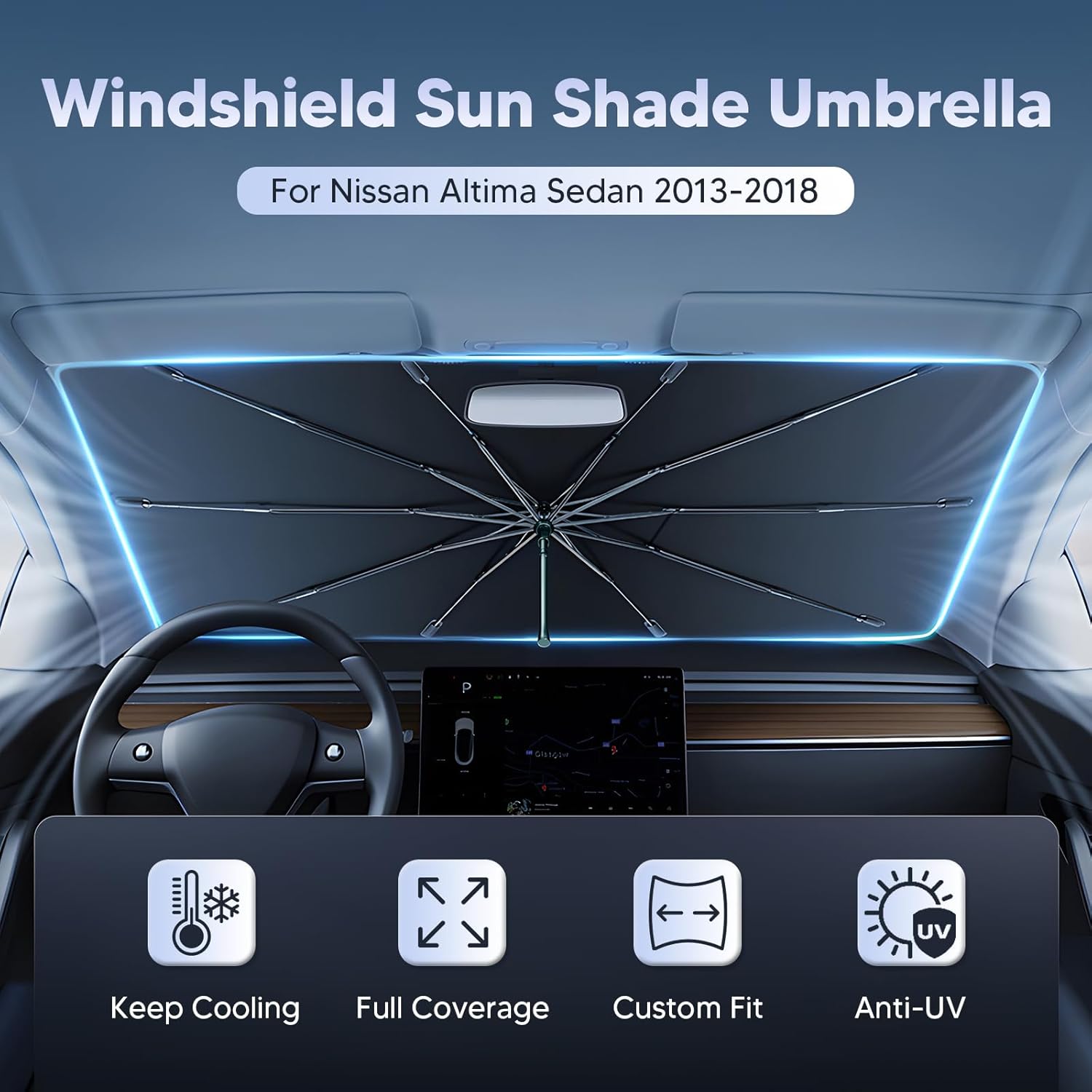 Autorder Windshield Sun Shade Umbrella for 2013-2018 Nissan Altima Accessories,Upgraded Ice Crystal Material,Easy Setup Umbrella Sunshade for Car Windshield,100% Sun Blocking