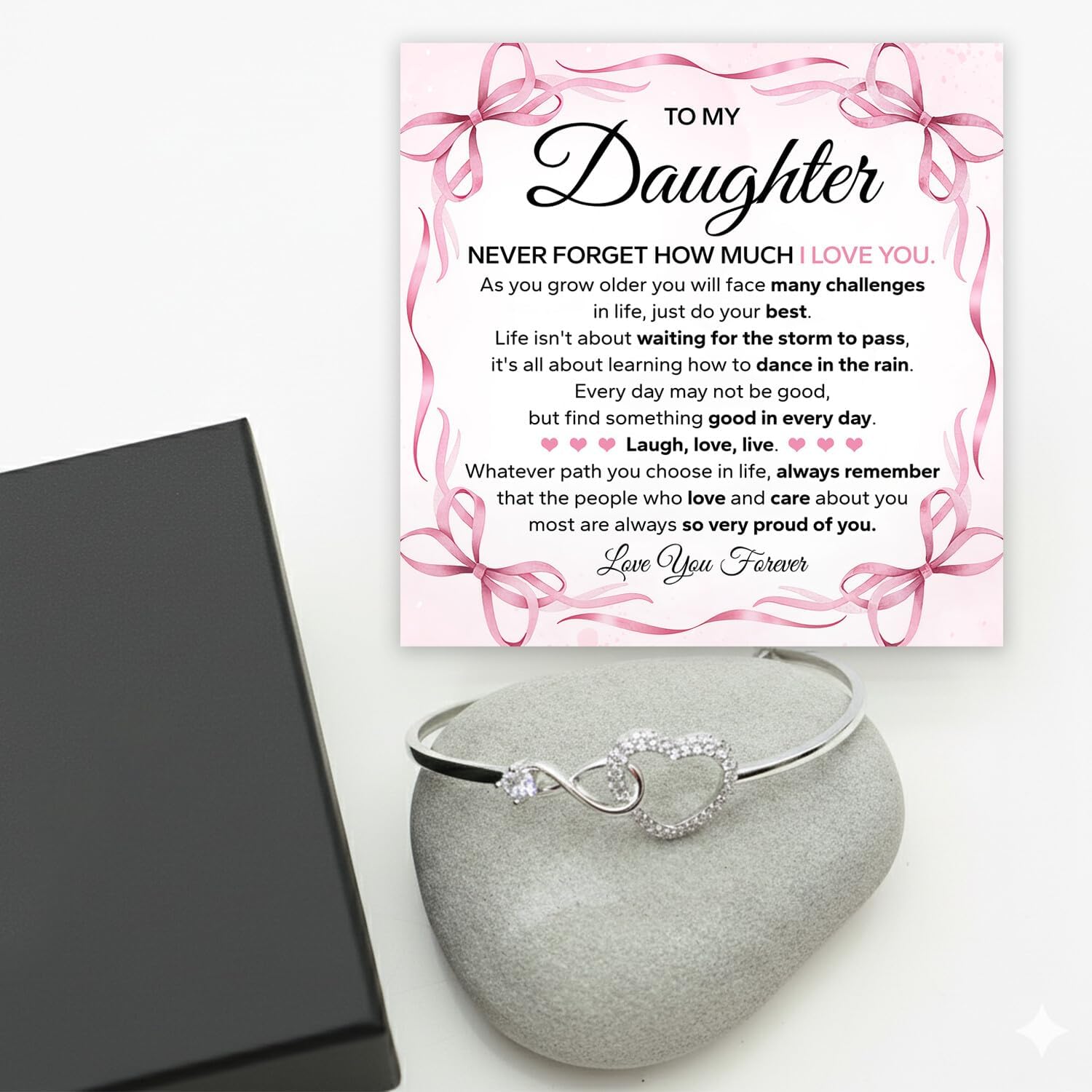 To My Daughter Heart Infinity Bracelet – Meaningful Jewelry Gift with Love Message Card – Perfect Birthday, Graduation, Christmas, Valentine’s Day or Special Occasion Present from Mom or Dad