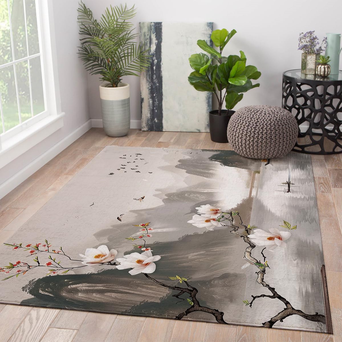 Tapis d’espace oriental lavable style japonais magnolia & oiseaux 80x120cm