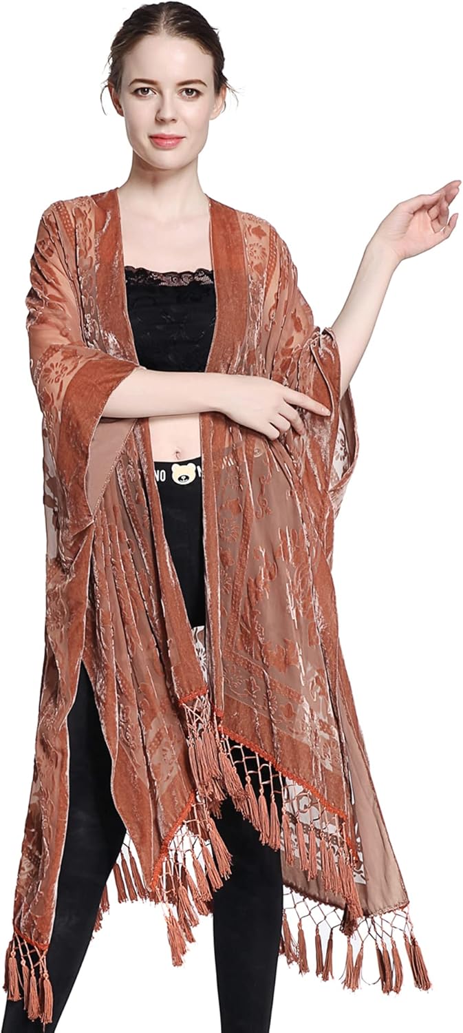 Women's Burnout Velvet Kimono Long Cardigan Cover Up With Tassel - Image 6