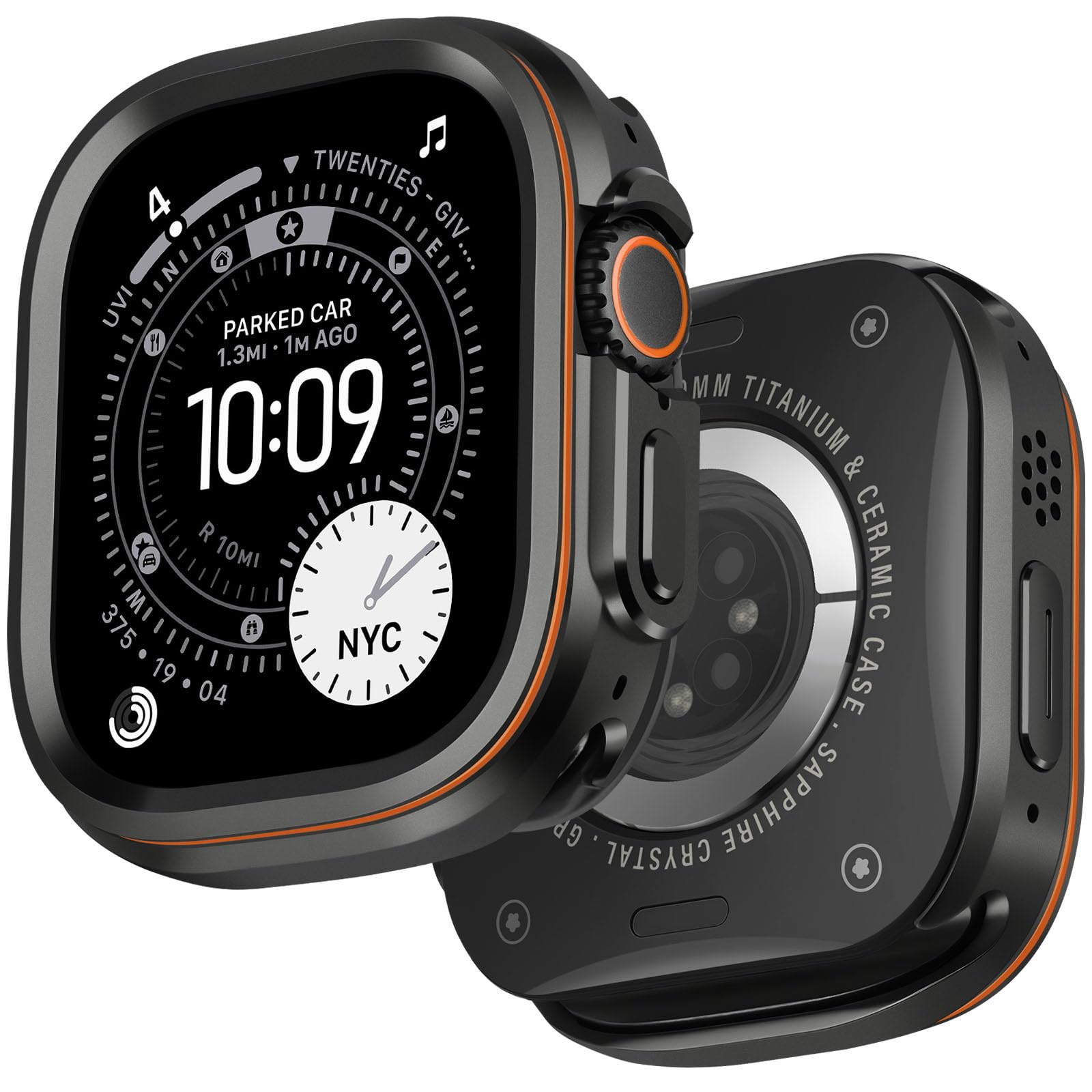 Funda Metal Resistente Compatible con Apple Watch Ultra 3/2/1 49 mm, Funda Protectora de Metal con Cubierta Trasera para iWatch 49mm, Negro/Naranja