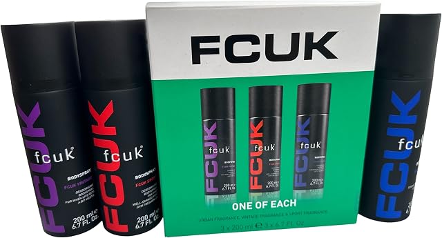 FCUK One Of Each Set - Mens Body Spray Trio Gift Set for Him with Topline Thank You Card. Festive Gift Idea for Stocking Fillers, Secret Santa Gifts or Gift Set for Birthdays.
