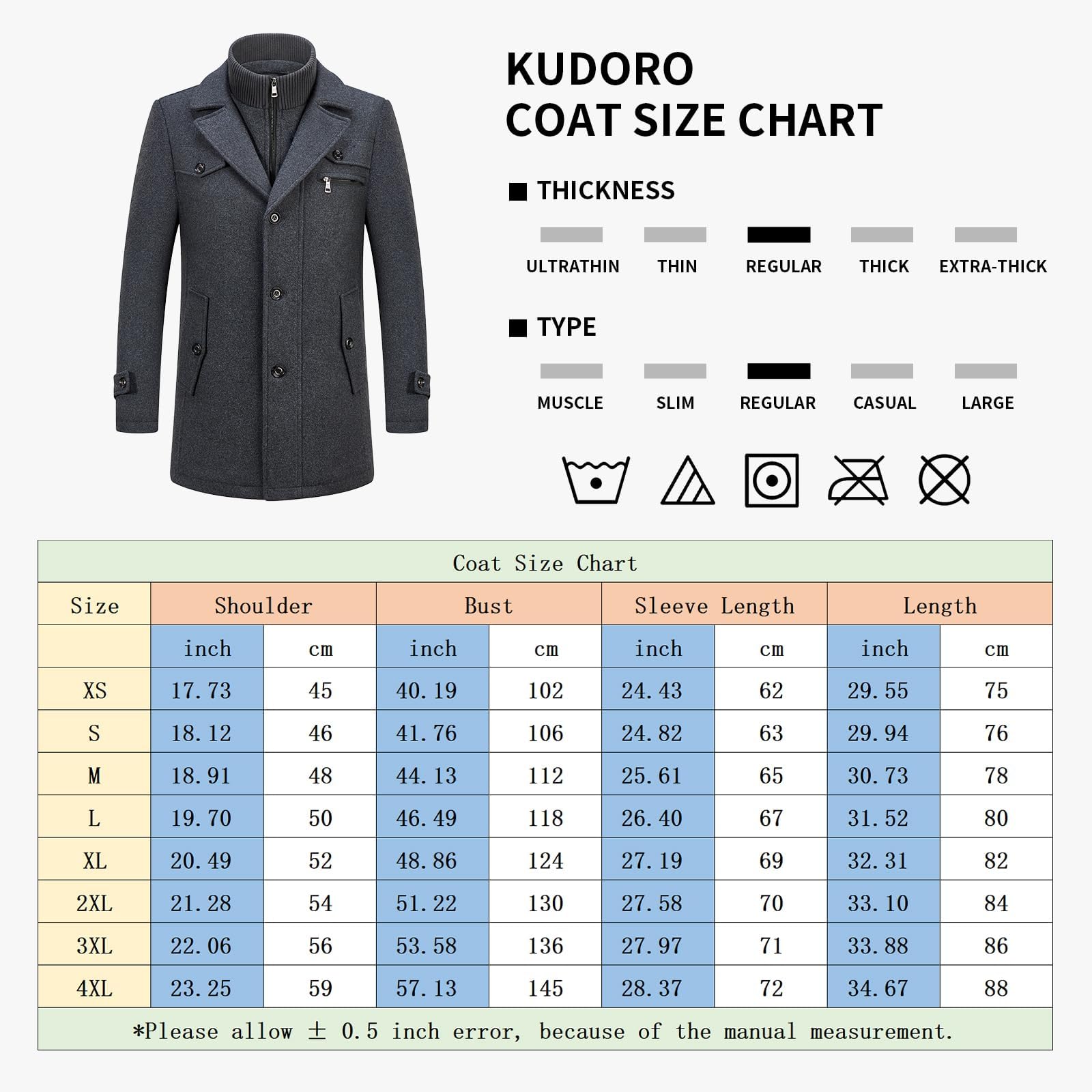 KUDORO Manteau Homme en Laine Chaud Mi-Long Hiver Trench Coat Slim Fit Classique Parka Pardessus Caban Business Duffle-Coats Coup-Vent Revers Overcoat