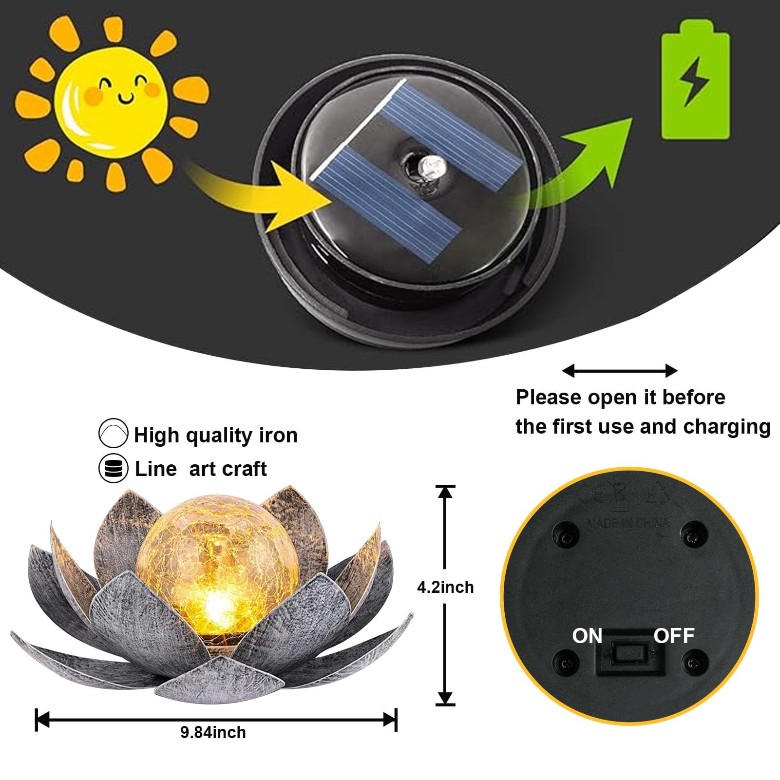 Lampada Solare a Forma di Luna con Vetro Craquelé e Stelle