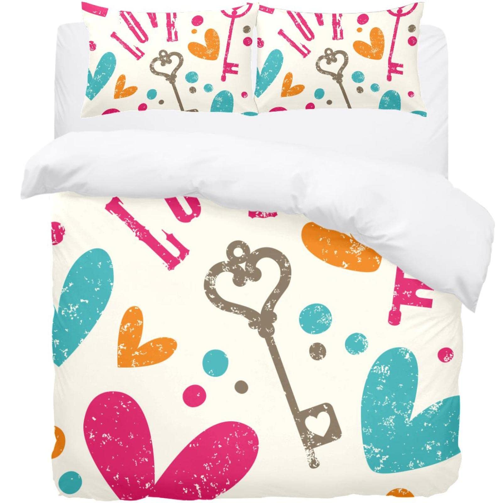 Housse de couette douce clé d'amour colorée : parure de lit 3 pièces pour un confort optimal