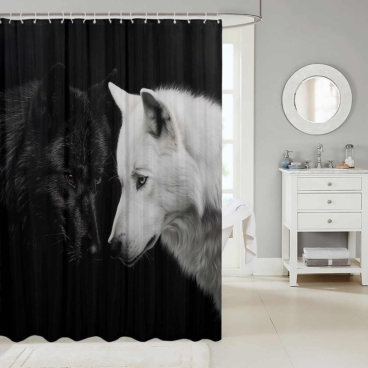 Erosebridal Black and White Wolf Bathroom Curtain Couple Wolf Shower Curtain 72" Wx78 L for Kids Adults Men Women Bathroom,Woodland Animal Bath Curtain Jungle Wildlife Bathroom Accessories