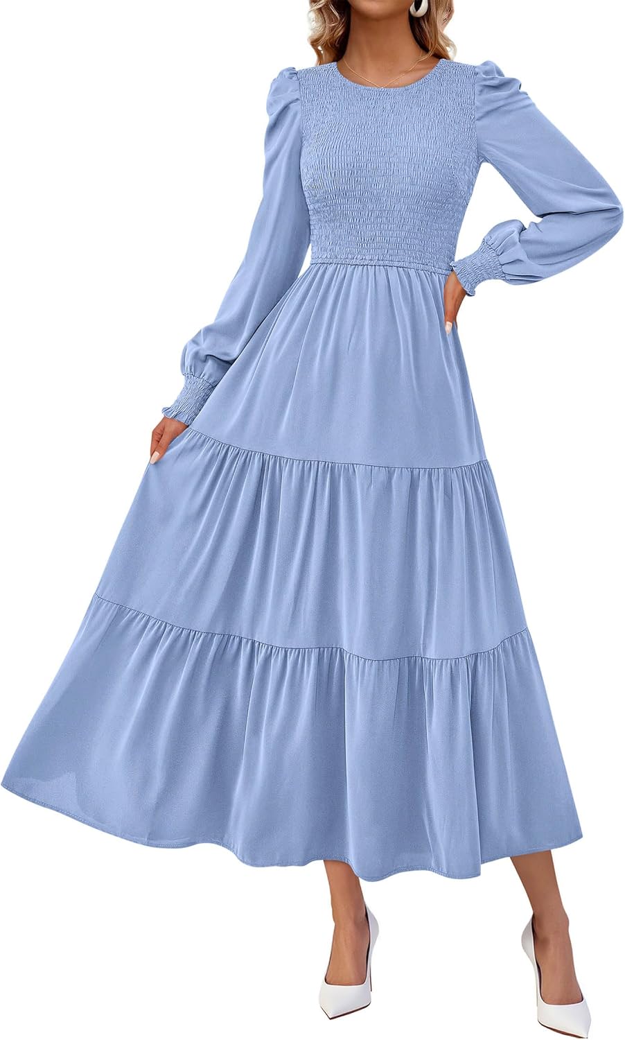 KIRUNDO Fall Dresses for Women 2025 Long Sleeve Maxi Wedding Guest Smocked Crew Neck Empire Waist A Line Flowy Long Dress