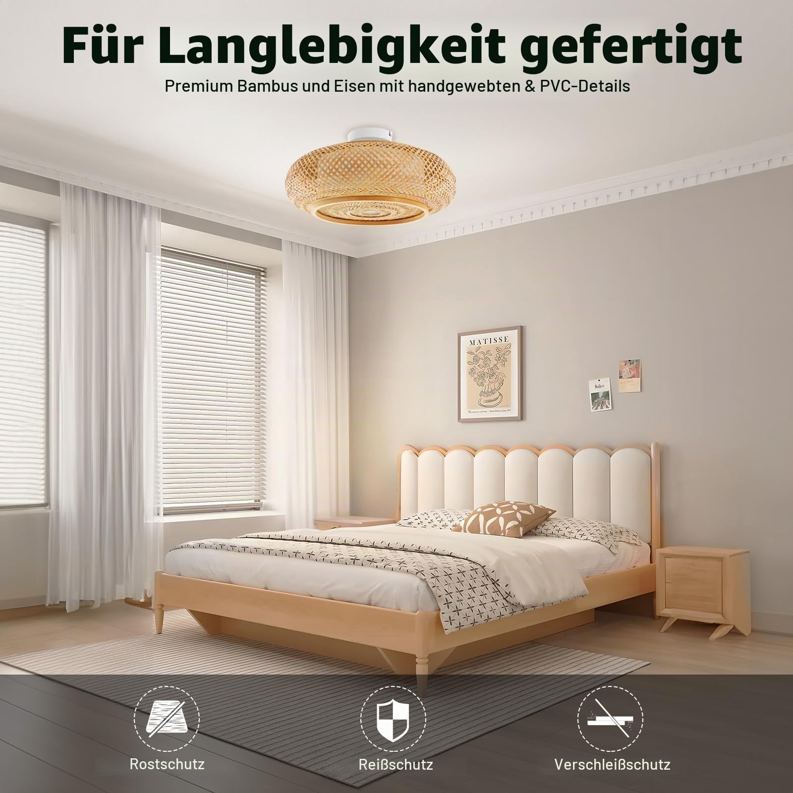 Bambus Deckenleuchte LED, Rattan Lampe mit Fernbedienung, Dimmbare Deckenlampe – Handgewebte Naturfaser Pendelleuchte E27 40W, Kronleuchter für Wohnzimmer, Schlafzimmer, Flur, Küche (40cm, Gelb)