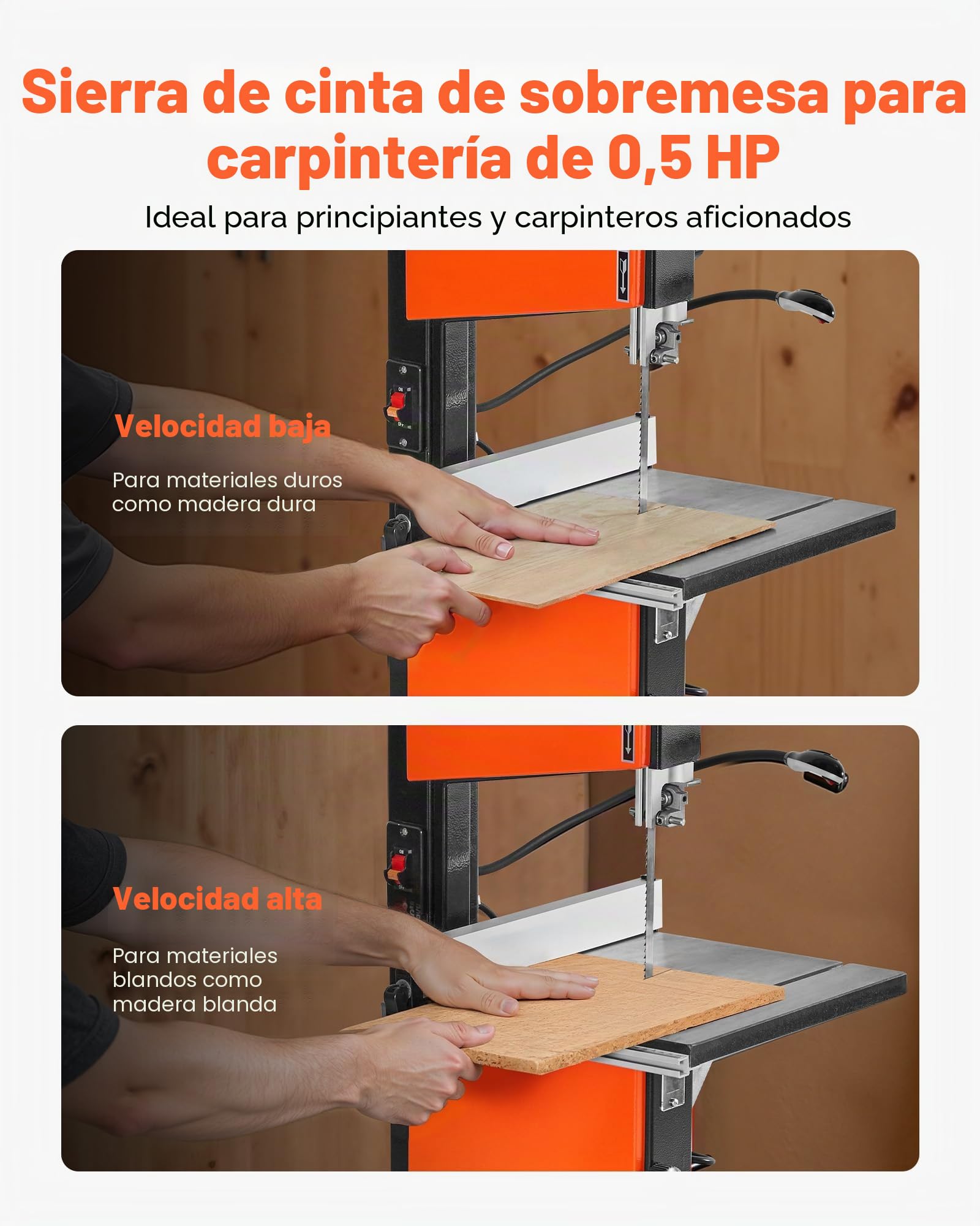 VEVOR Sierra de Cinta, Ancho de Corte de 254 mm, 2 Velocidades, Motor de 373 W, Altura de Corte de 160 mm, Mesa de Hierro Fundido de 335 x 340 mm, Luz de Trabajo de 360 Grados, para Carpintería