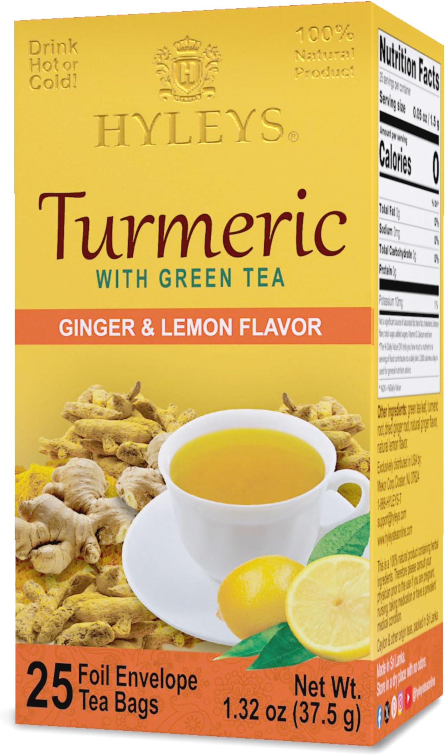 Ginger Turmeric Tea Lemon Flavor - 25 Tea Bags - Wellness Herbal Supplement Green Tea