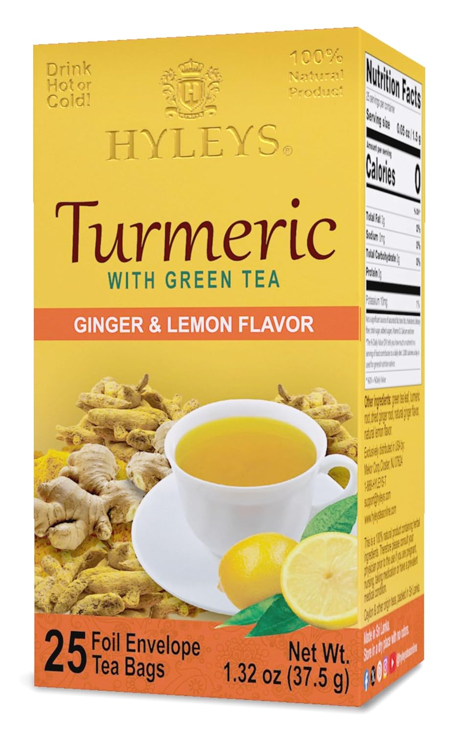 Hyleys Turmeric Green Tea - Ginger Turmeric Tea Lemon Flavor - Herbal Tea Bags - 20 Individually Wrapped Tea Bags (12 Pack - 300 Tea Bags Total)